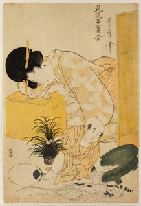 Una madre dormitando mientras su hijo vuelca una pecera, de la serie "Comparación de Niños a la Moda" de Kitagawa Utamaro