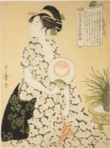Belleza con un kimono de verano, de la serie "Nuevos patrones de brocado tejido al estilo Utamaro" ("Nishiki-ori Utamaro-gata-shinmoyo") de Kitagawa Utamaro