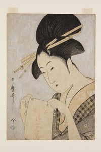 Belleza con una toalla de mano (grabado en madera a color) de Kitagawa Utamaro