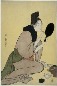 Bijin-ga. Chica aplicándose maquillaje en los labios