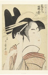 Busto retrato de la cortesana Shinowara de la casa Tsuruya. Tsuruya uchi Shinowara (título sobre objeto) Los siete Komachi de las casas de placer (título de la serie) Seiro nana Komachi (título de serie en objeto) de Kitagawa Utamaro