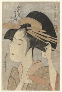 Busto retrato de la cortesana Shiratsuya de la casa Wakanaya. Wakanaya uchi Shiratsuya (título sobre objeto) Los siete Komachi de las casas de placer (título de la serie) Seiro nana Komachi (título de serie en objeto) de Kitagawa Utamaro