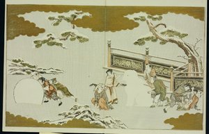 Niños haciendo un shishi de nieve y rodando una bola de nieve, de "El Mundo de Plata" de Kitagawa Utamaro
