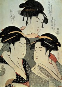 Primer plano de una pintura de tres mujeres, Kitagawa Utamaro, era Kansei, Japón de Kitagawa Utamaro