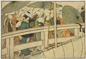 Cruzando un Puente en Verano, del libro ilustrado "Libro de Imágenes: Flores de las Cuatro Estaciones (Ehon shiki no hana)," vol. 1 de Kitagawa Utamaro