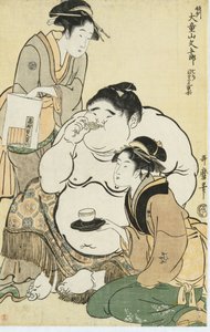 Daidozan Bungoro, el niño prodigio, siendo ofrecido té y galletas por camareras rivales de casas de té de Kitagawa Utamaro