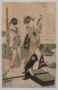 Daimyō y su séquito cruzando un arroyo en la llanura cerca de Fuji