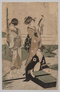 Daimyō y su séquito cruzando un arroyo en la llanura cerca de Fuji de Kitagawa Utamaro