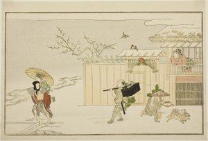 Entregando regalos de Año Nuevo en la nieve, de la antología ilustrada de kyoka "El joven dios Ebisu (Waka Ebisu)" de Kitagawa Utamaro