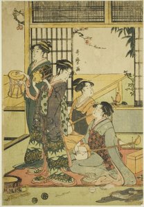 Tambores y shamisen (xilografía en color; aiban) de Kitagawa Utamaro