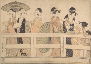 Disfrutando de la brisa fresca de la tarde en... el puente, ca. 1800 de Kitagawa Utamaro