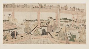 Barcos de pesca con redes bajo el puente Ryogoku de Kitagawa Utamaro