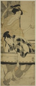 Pescando bajo un puente de Kitagawa Utamaro