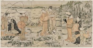 Pescando en la roca de la tabla de cortar en Enoshima de Kitagawa Utamaro