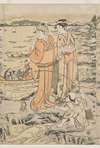 Pescando en la roca de la tabla de cortar en Enoshima de Kitagawa Utamaro