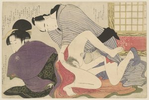 Geisha y amante en un biombo independiente Negai no itoguchi (título de la serie) de Kitagawa Utamaro