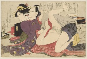 Geisha en kimono de manga larga y su amante Negai no itoguchi (título de la serie) de Kitagawa Utamaro