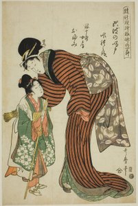 Oyumi, la esposa de Ginjuro, de la obra "Remolinos de Awa" (Awa no naruto, Ginjuro nyobo Oyumi), de la serie "Nodos de bambú en diseños de teatro de marionetas (Ayatsuri moyo take no hitofushi)". de Kitagawa Utamaro
