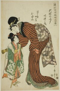 Oyumi, la esposa de Ginjuro, de la obra "Remolinos de Awa" (Awa no naruto, Ginjuro nyobo Oyumi), de la serie "Nodos de bambú en diseños de teatro de marionetas (Ayatsuri moyo take no hitofushi)". de Kitagawa Utamaro
