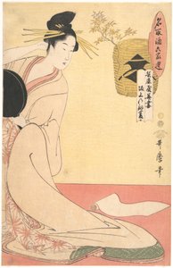 «Hanazuma de Hyōgoya, Kenbishi de Sakagami», de la serie «Los grandes del sake comparados con personajes destacados de las seis casas» (Natori zake rokkasen: Hyōgoya Hanazuma, Sakagami no Kenbishi) de Kitagawa Utamaro