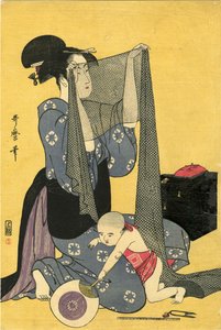 Hari-shigoto Bordado. Tríptico, parte izquierda, 1795 de Kitagawa Utamaro