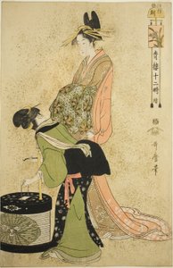 Hora del Gallo (Tori no koku), de la serie "Doce Horas en Yoshiwara (Seiro juni toki tsuzuki)" de Kitagawa Utamaro