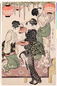 Chicas jóvenes de una casa de té japonesa colgando faroles de una espaldera de glicina - Impresión de Kitagawa Utamaro (1753-1806), alrededor de 1795, linograbado - Chicas de la casa de té bajo una espaldera de glicinia - Linograbado en color de Kitagawa U de Kitagawa Utamaro