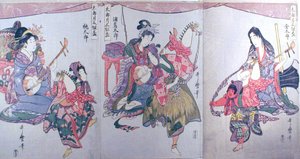 Kintaro, Urashimataro y Momotaro, del tríptico "Juego de tres copas de sake para el primer mes (Tarozuki mitsugumi sakazuki)" de Kitagawa Utamaro