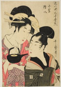 Komurasaki y Gonpachi, de la serie "Fashonable Patterns in Utamaro Style (Ryuko moyo Utamaro-gata)", c.1798-99 (xilografía en color; oban)