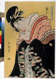 El hermoso Takigawa de la casa de té Ogi. En la serie Las Hermosas Celebridades Contemporáneas (la famosa belleza de nuestros días). Dibujo de Kitagawa Utamaro (1754-1806). agua fuerte de Kitagawa Utamaro