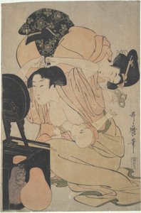 Madre con bebé lactante y asistente de Kitagawa Utamaro