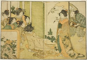 Actuación manzai de Año Nuevo en la mansión de un señor feudal, del libro ilustrado "Picture Book: Flores de las cuatro estaciones (Ehon shiki no hana)", vol. 1 de Kitagawa Utamaro