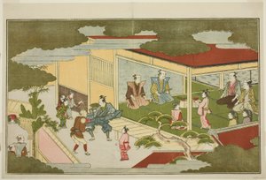 Año Nuevo en una mansión samurái, de la antología ilustrada de kyoka El joven dios Ebisu de Kitagawa Utamaro