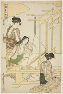 No. 12 (juni), de la serie "Mujeres Comprometidas en la Industria de la Sericultura" de Kitagawa Utamaro