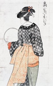 Ohisa de la casa de té Takashima, mujer en kimono con abanico, impresión de arte ukiyo-e por Kitagawa Utamaro (1753-1806), xilografía, civilización japonesa, período Edo
