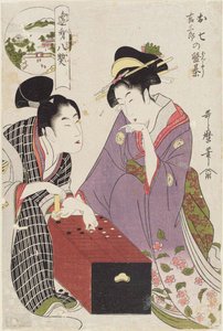 Oshichi y Kichisaburo en el tablero de juego, 1800 de Kitagawa Utamaro