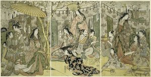 Imagen de Hideyoshi y sus cinco esposas viendo los cerezos en flor en Higashiyama de Kitagawa Utamaro