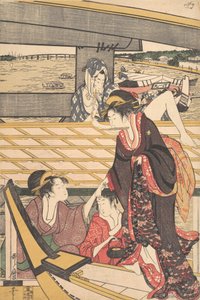 Fiestas de placer en botes en el río Sumida bajo el puente Ryogoku