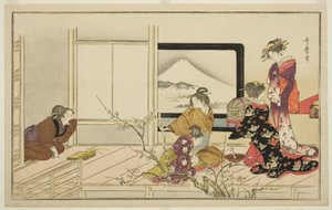 Preparando comida para un ruiseñor, de la antología ilustrada de kyoka "Danza masculina del zapateado (Otoko toka)"