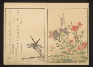 Libélula roja y langostas por las rosas de Kitagawa Utamaro