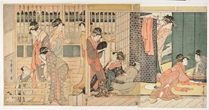 Retrato de la cortesana Tsukasa Dayu de Higashi Ogiya dans le quartier Shinmachi de Osaka --Estampe de Eishosai Choki (actif vers 1780-1809), vers 1800, linograbado --Tsukasa Dayu de Higashi Ogiya en el distrito Shinmachi de Osaka --Linograbado en color po de Kitagawa Utamaro