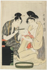 Afeitando la cabeza de un niño, Período Edo, c.1801 de Kitagawa Utamaro