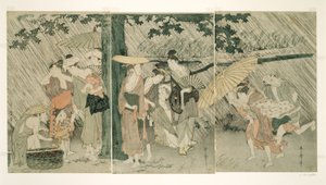 Refugiándose de una lluvia repentina de Kitagawa Utamaro