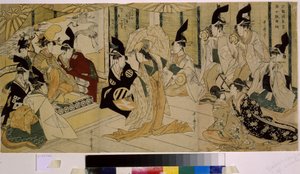 Shizuka Gozen baila durante la ceremonia del Santuario Tsurugaoka Wakamiya. Shizuka Gozen (siglo XII), bailarina y amante de Minamoto no Yoshitsune (1159-1189). Obra de Kitagawa Utamaro (1754-1806), aguafuerte, hacia 1796. Arte japonés de Kitagawa Utamaro