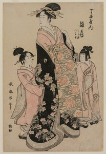 La Cortesana Hinazuru de Chojiya con sus Asistentes Tsuruji y Tsuruno de Kitagawa Utamaro