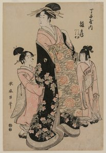 La cortesana Hinazuru de Chojiya con sus asistentes Tsuruji y Tsuruno, c. 1794 de Kitagawa Utamaro