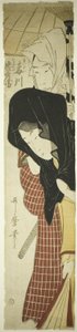 La cortesana Umegawa y Chubei del servicio de mensajería (Umegawa, Chubei), c.1797 (xilografía en color, hachira-e)
