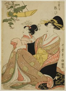 La Cortesana Yoso-oi de la Casa de la Aguja de Pino en Yoshiwara y su Asistente