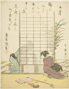 El noveno mes (Kugatsu), de una serie sin título de escenas de género en los doce meses, con poemas kyoka de Kitagawa Utamaro