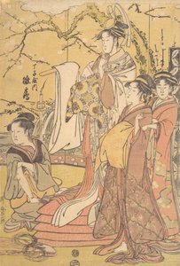 La Oiran Hinazuru de Chojiya de pie sobre una pila de futones, ca. 1794